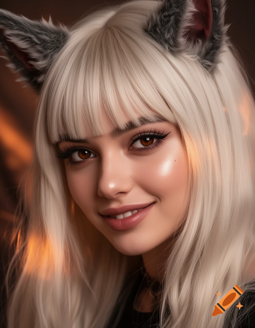Photorealistic portrait of a young woman with platinum blonde hair, bangs, brown eyes, and grey wolf ears, smiling.