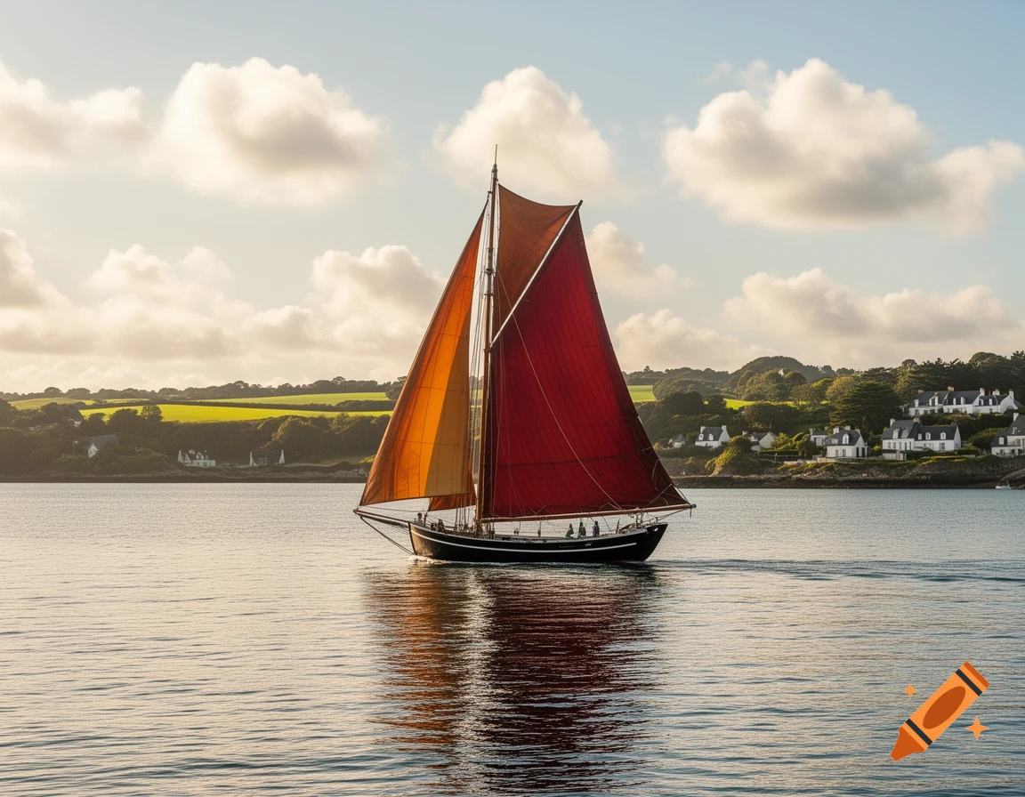 A traditional sailboat with red and orange sails glides on calm water past a picturesque village and green hills under a cloudy sky.
