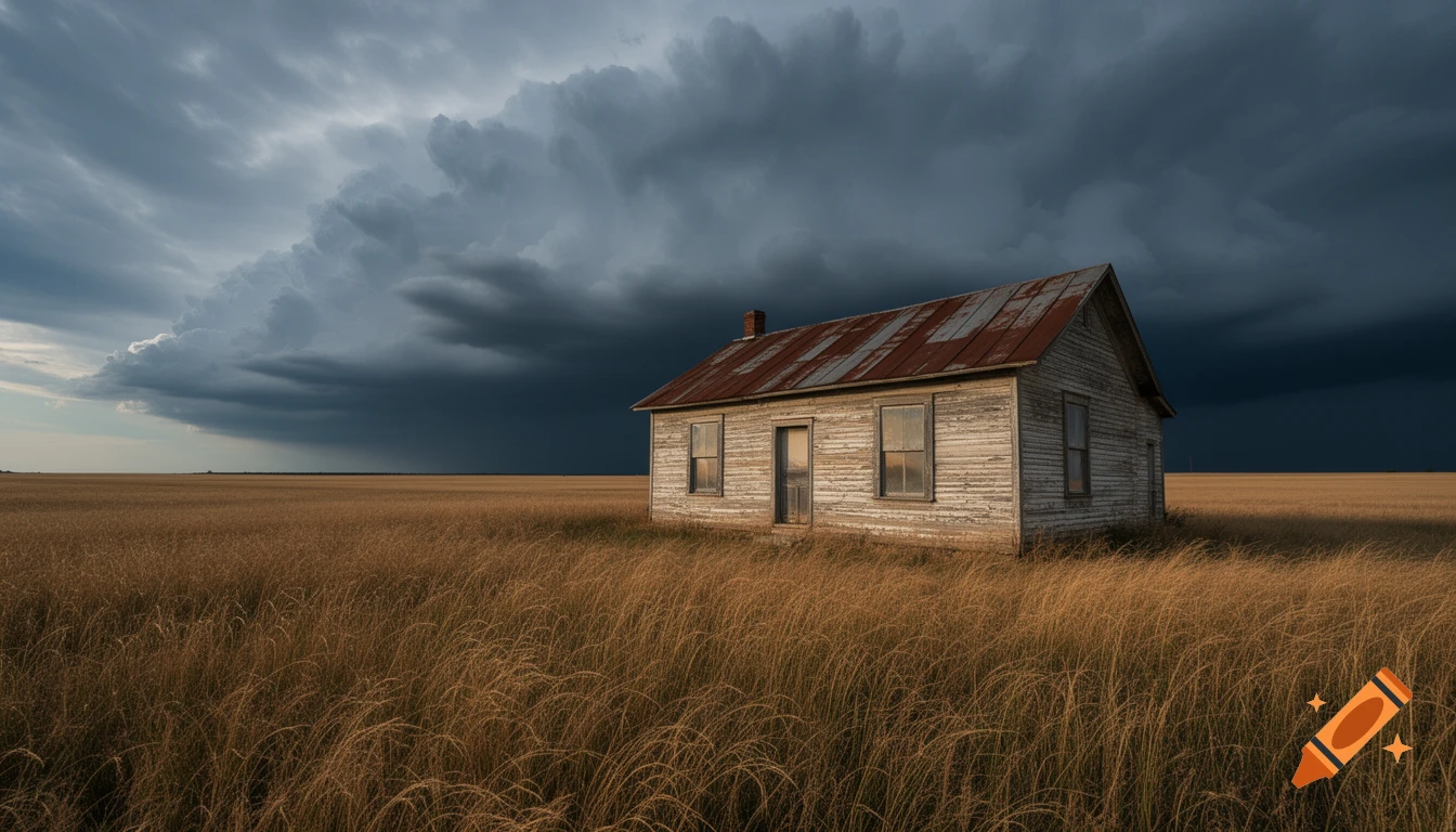 An old, weathered house with a rusty roof stands in a vast field of dry golden grass under a dramatic, dark storm cloud sky.