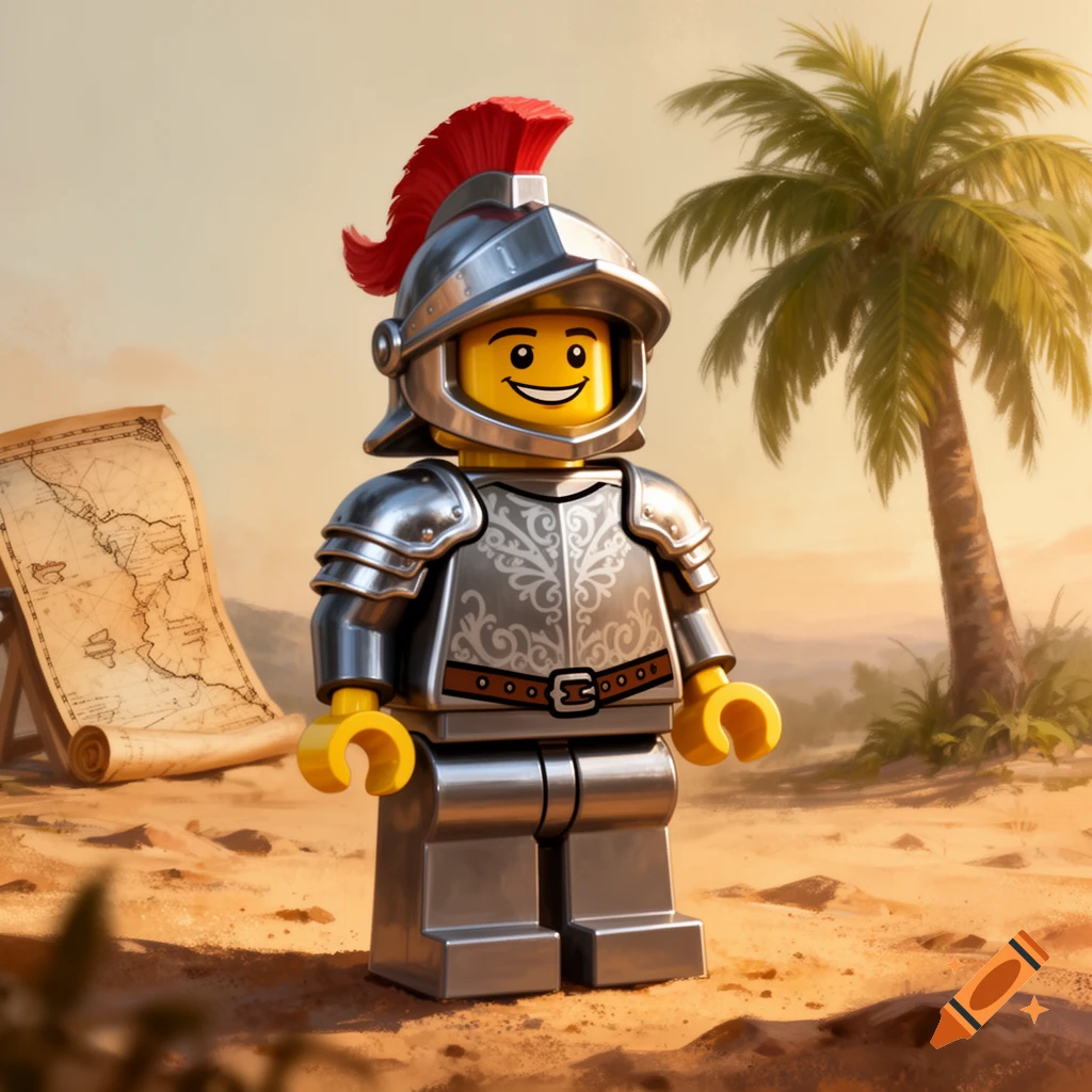 A Lego minifigure of a Spanish conquistador in silver armor and red plume helmet stands in a sandy desert with a palm tree and a map.