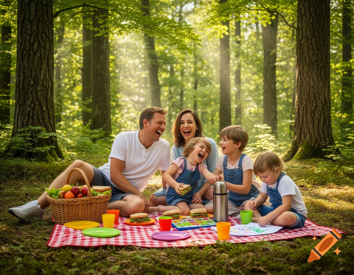 A cheerful family of five, including parents and three children, enjoys a sunny picnic on a red checkered blanket in a lush green forest.