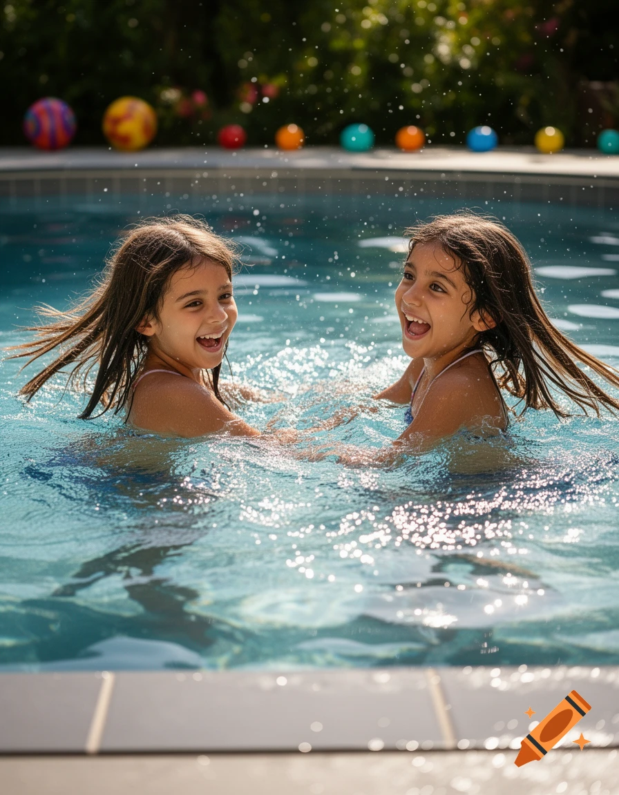 Two smiling girls with long hair play and splash in a swimming pool on a sunny day.