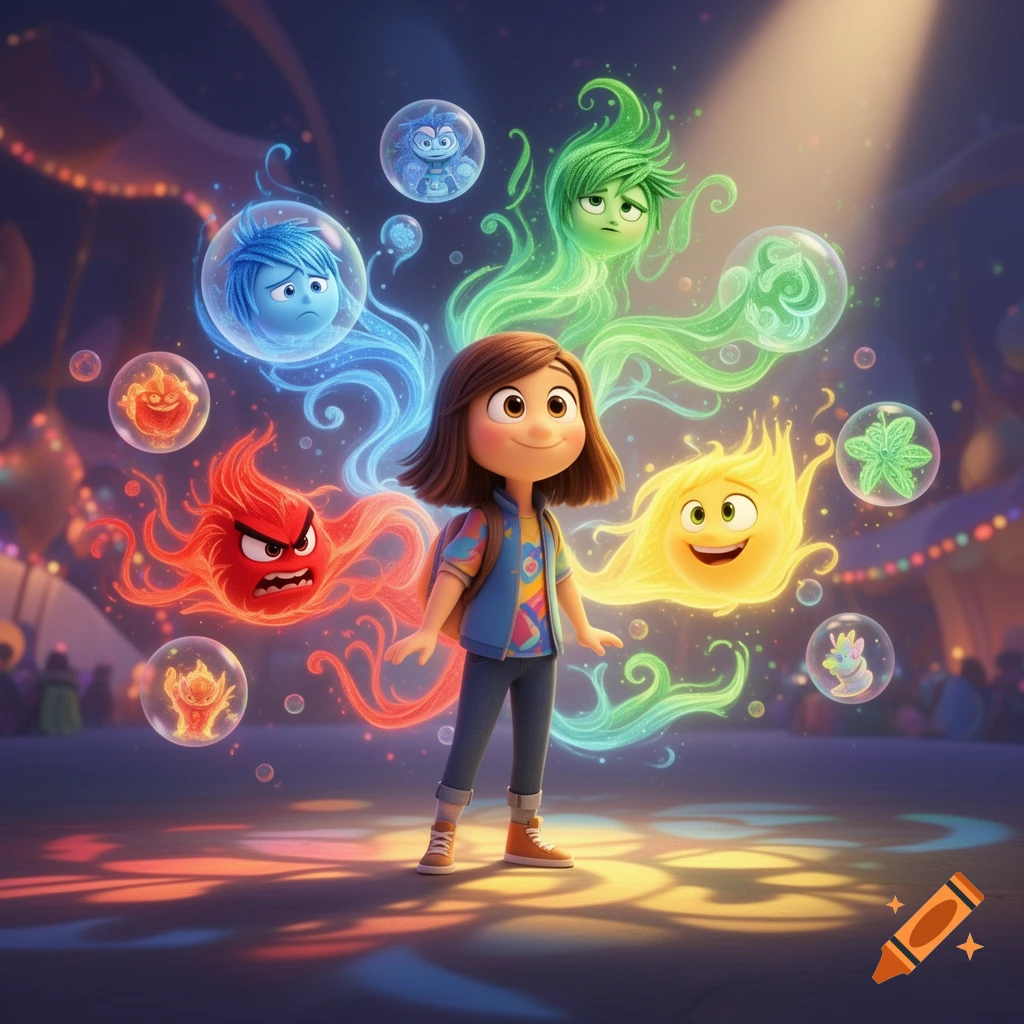 A cartoon girl stands with personified emotions, including sad blue, angry red, happy yellow, and worried green, in a glowing festive scene.