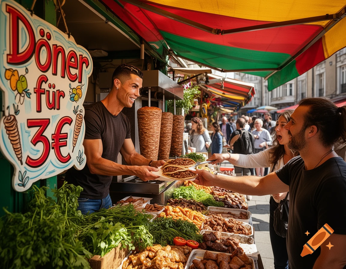 Cristiano Ronaldo smiles while serving d r kebabs to customers at a busy street food stall with a 'D r f r 3 ' sign.