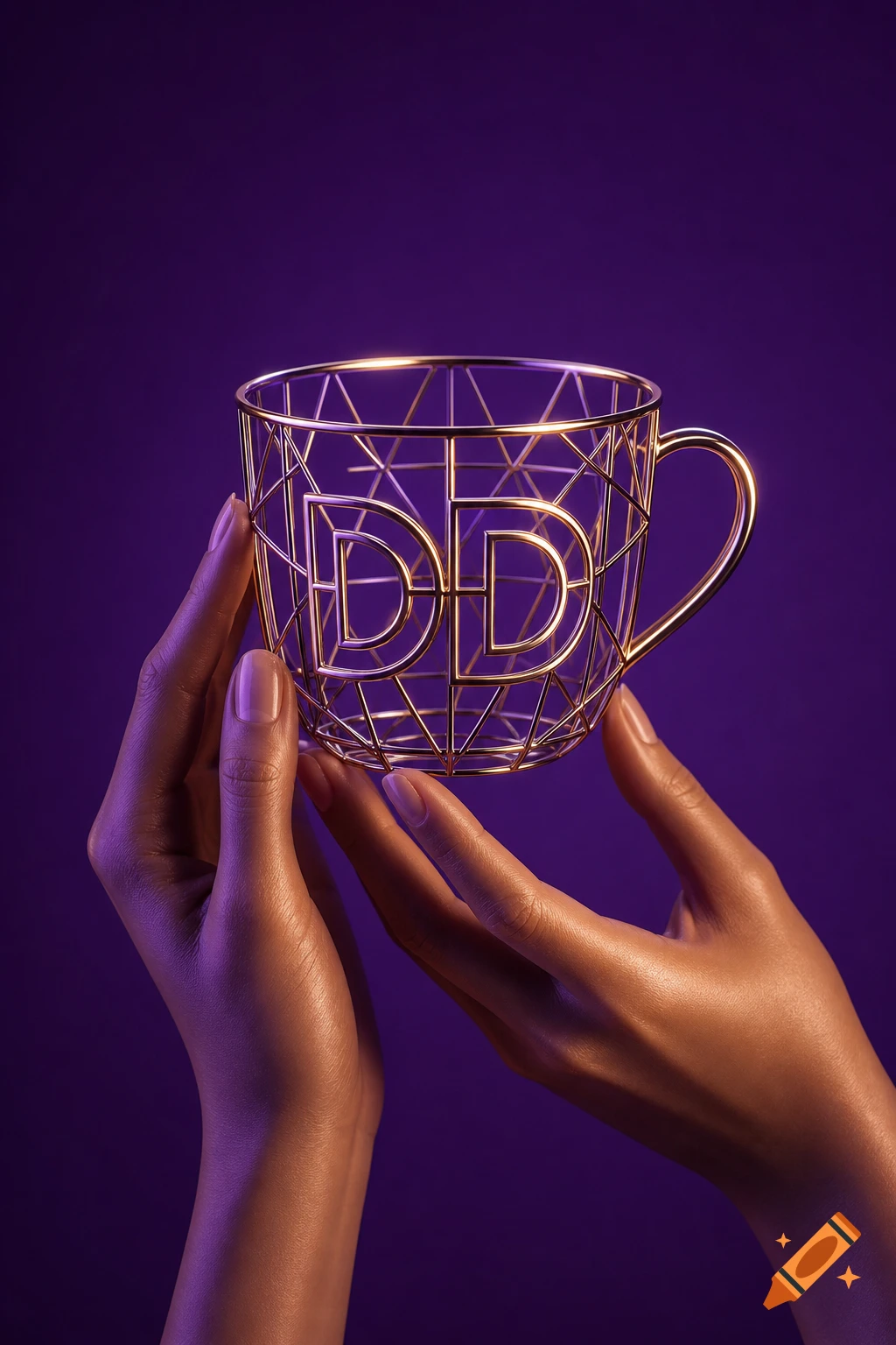 Two hands hold a glowing golden wireframe cup with a 'DD' logo against a deep purple background, in a stylized product shot.