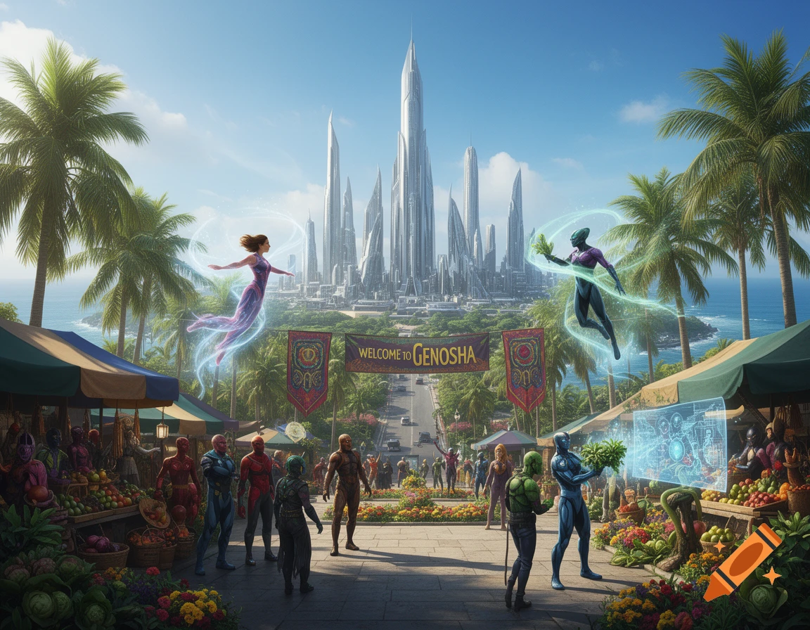 Vibrant market scene on a tropical island with a futuristic city skyline, palm trees, and diverse figures including flying superheroes.
