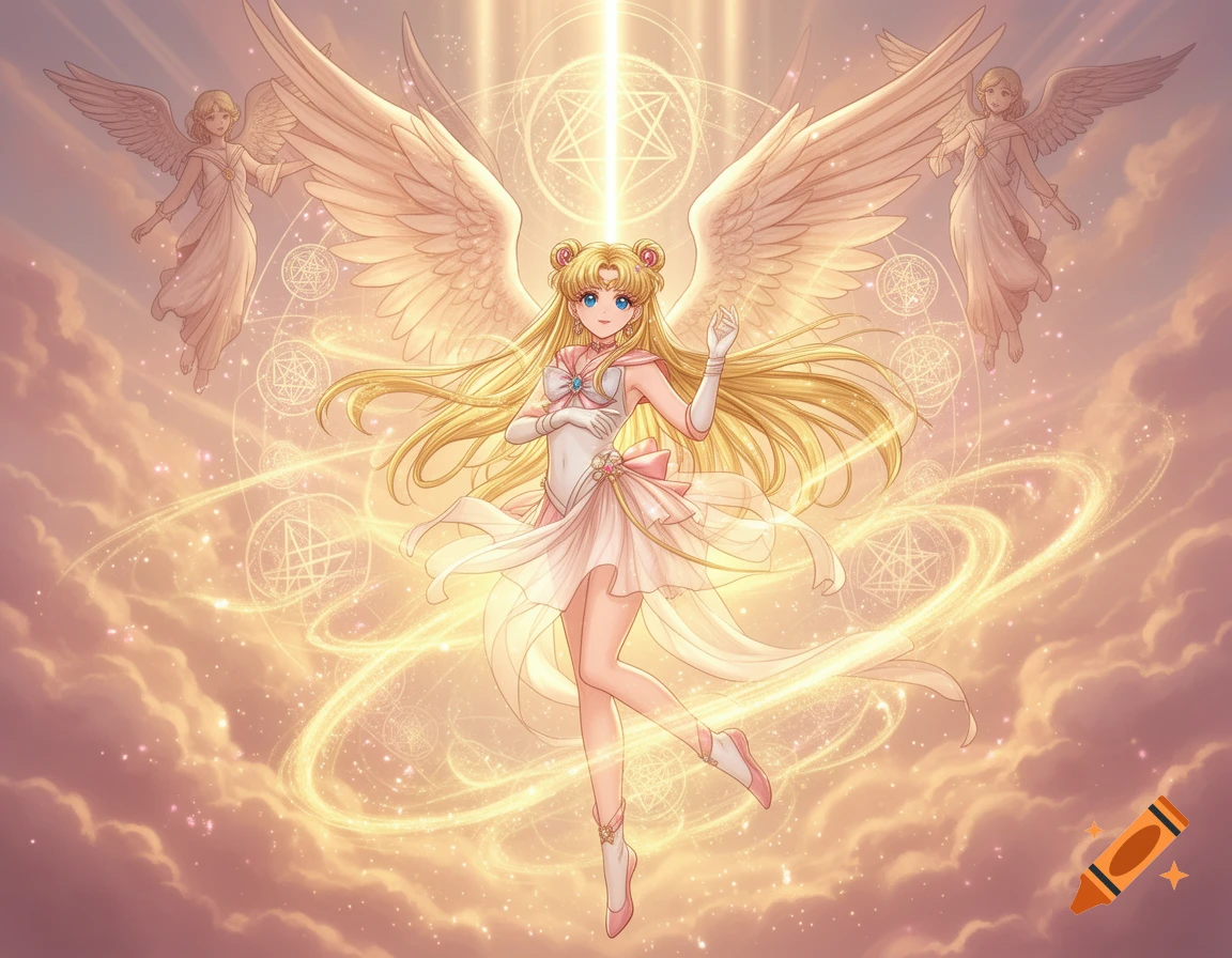A glowing blonde anime girl with large wings and blue eyes floats in a heavenly pink and gold sky, surrounded by sacred geometry, energy, and angels.