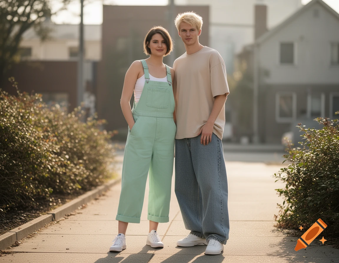A short-haired woman in mint overalls and a blond man in baggy jeans stand on a sidewalk in a residential area.