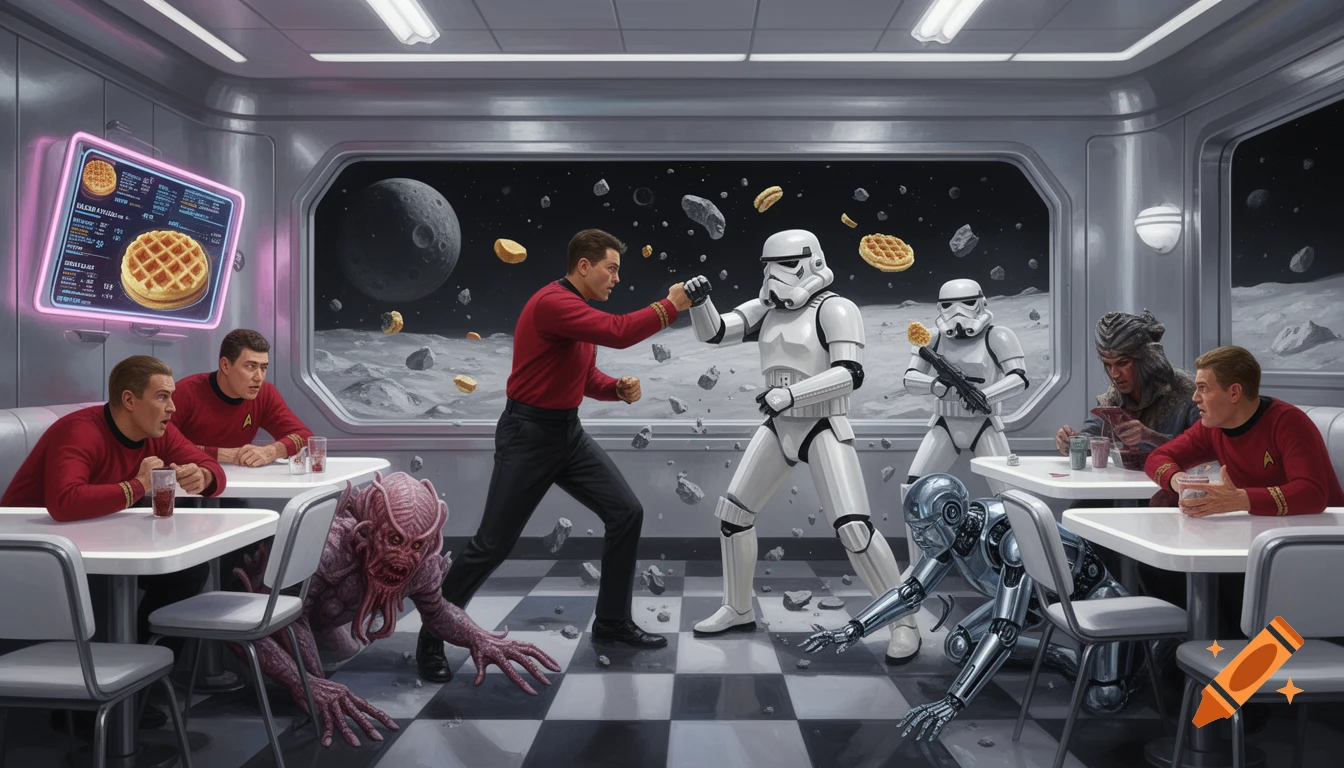Star Trek redshirts brawl with Imperial Stormtroopers in a moon diner, with an alien and a robot ducking for cover.