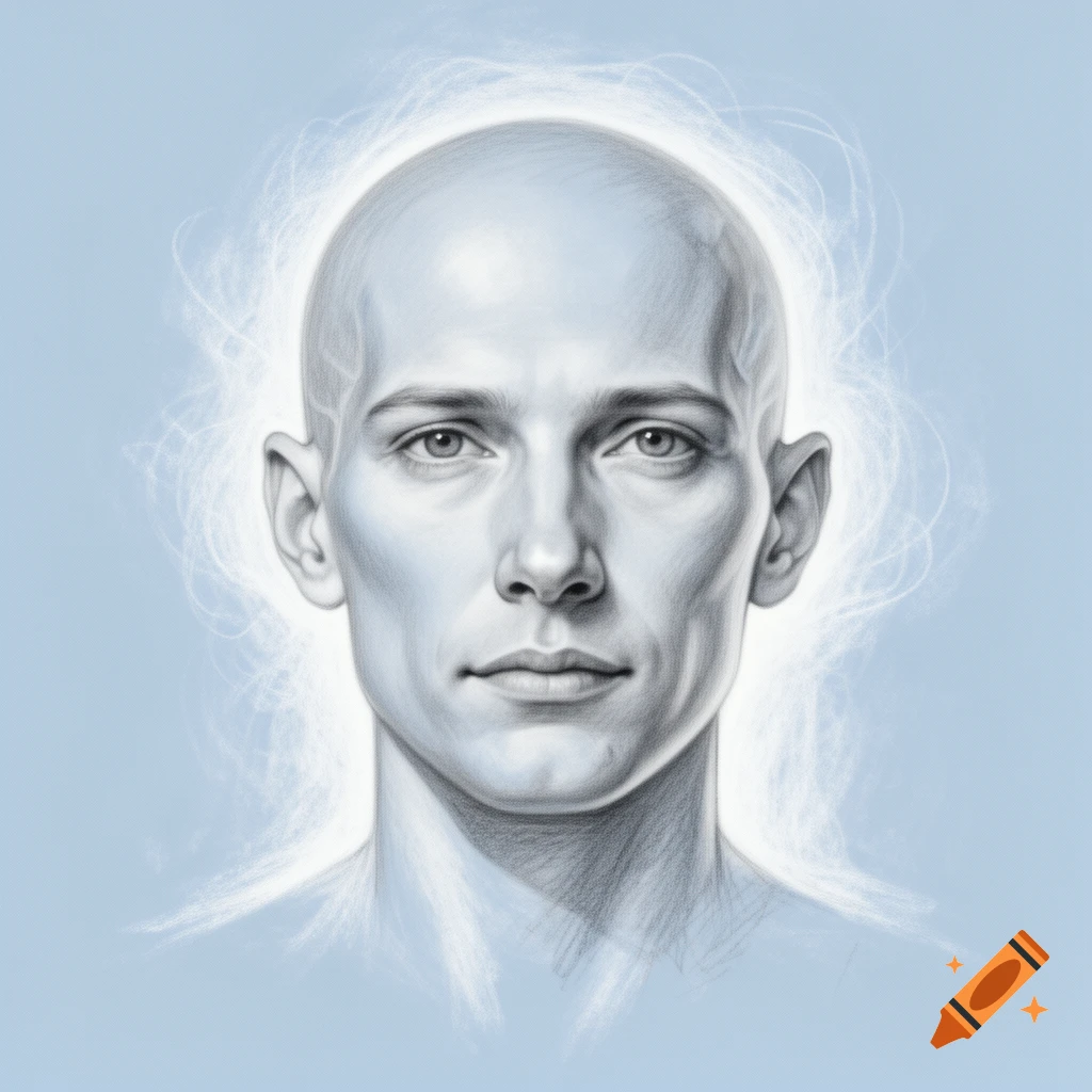 Pencil sketch of a bald man's head facing front, surrounded by a faint white aura against a light blue background.