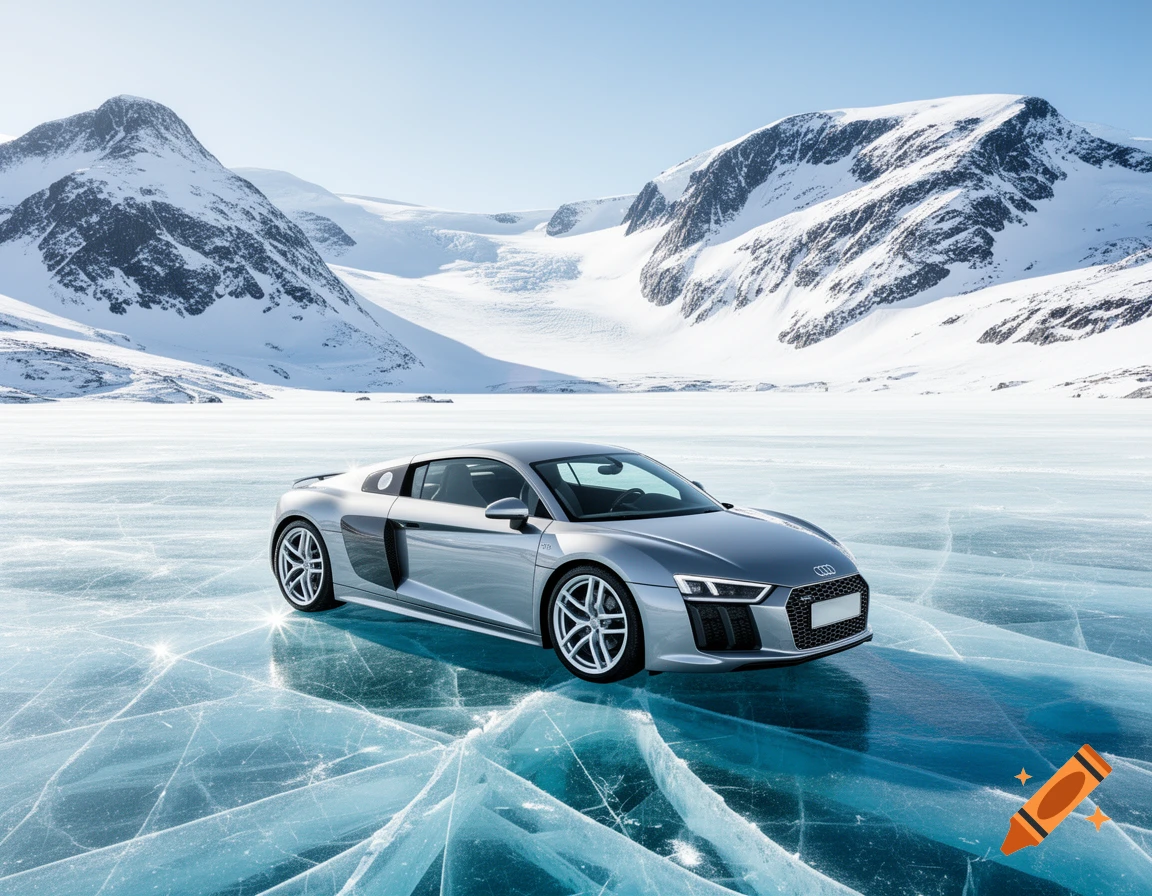 A silver Audi R8 sports car is parked on a vast, cracked blue ice surface with snow-capped mountains in the background.