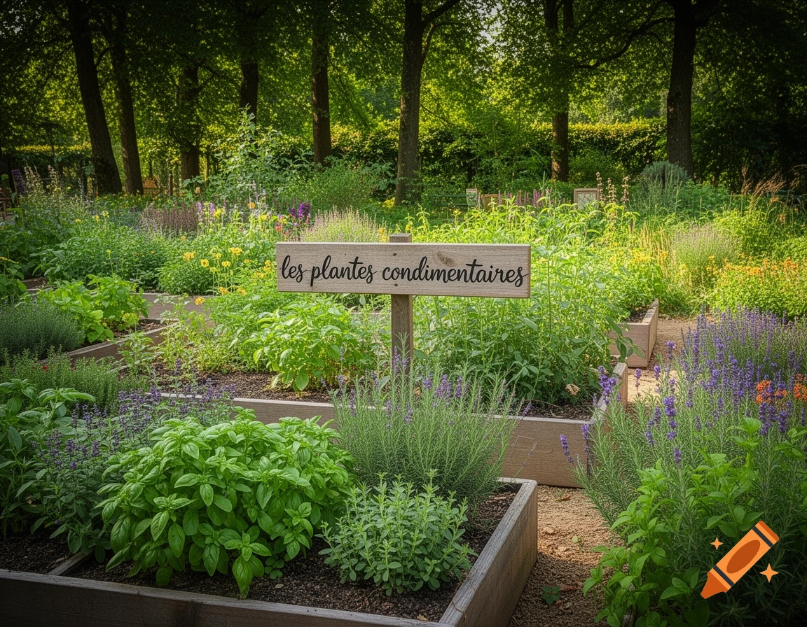 Lush herb garden in raised wooden beds, with diverse green plants, purple flowers, and a sign 'les plantes condimentaires' under sunlit trees.