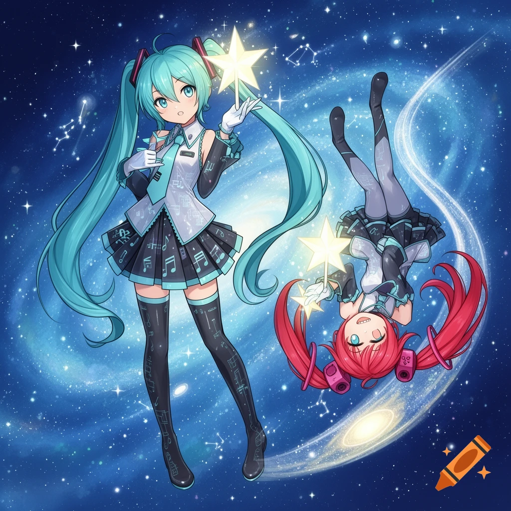 Anime characters Miku and Teto in space, holding glowing stars. Miku stands, Teto floats upside down, against a starry galaxy background.