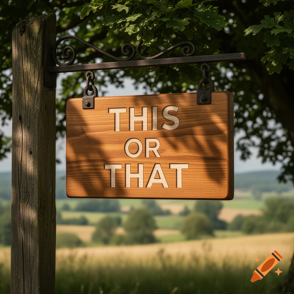 A rustic wooden sign with the words 'THIS OR THAT' carved into it, hanging from a post in a sunlit field with trees and hills in the background. Photorealistic style.