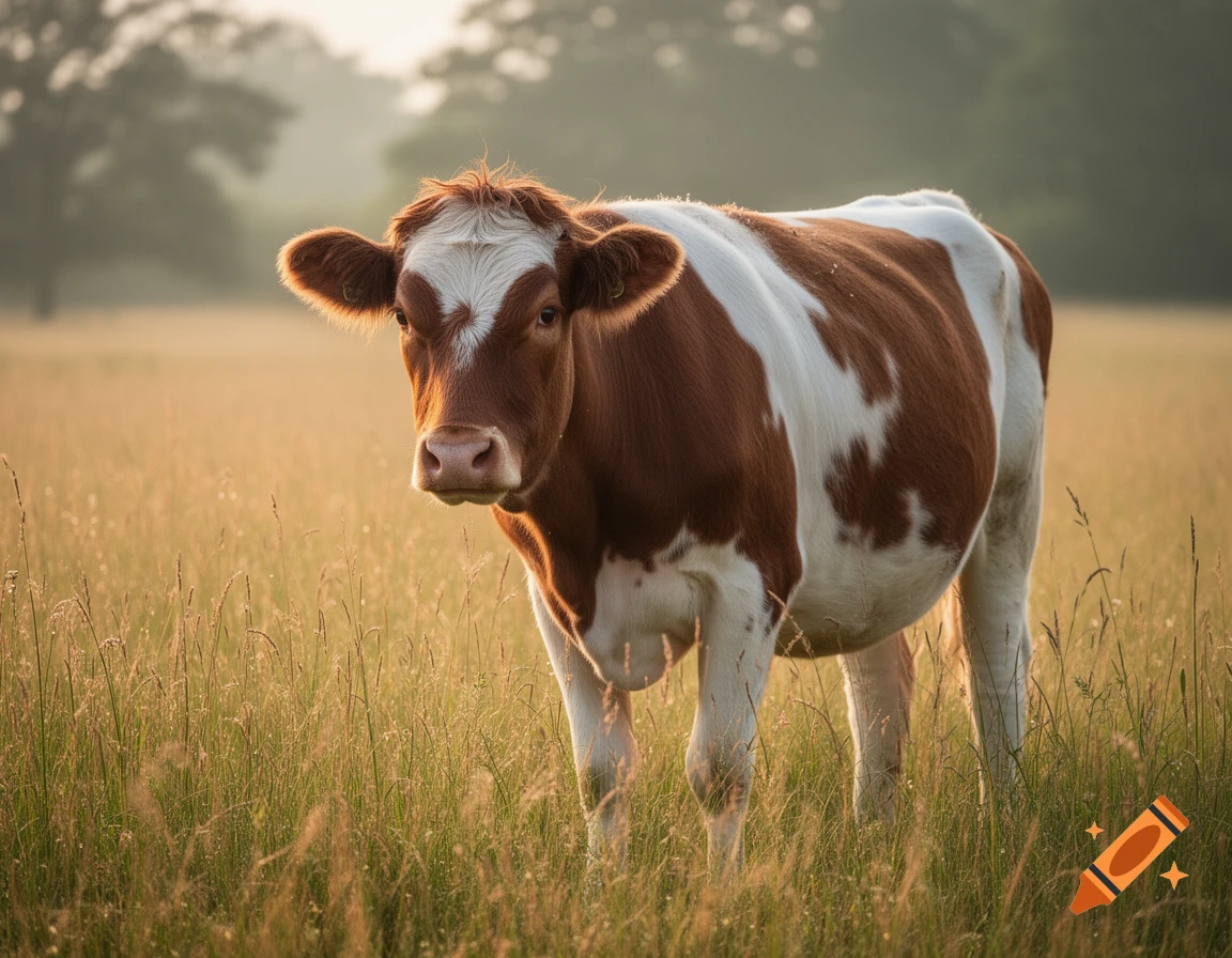 A brown and white cow stands in a sunlit grassy field, looking towards the viewer. Photorealistic.