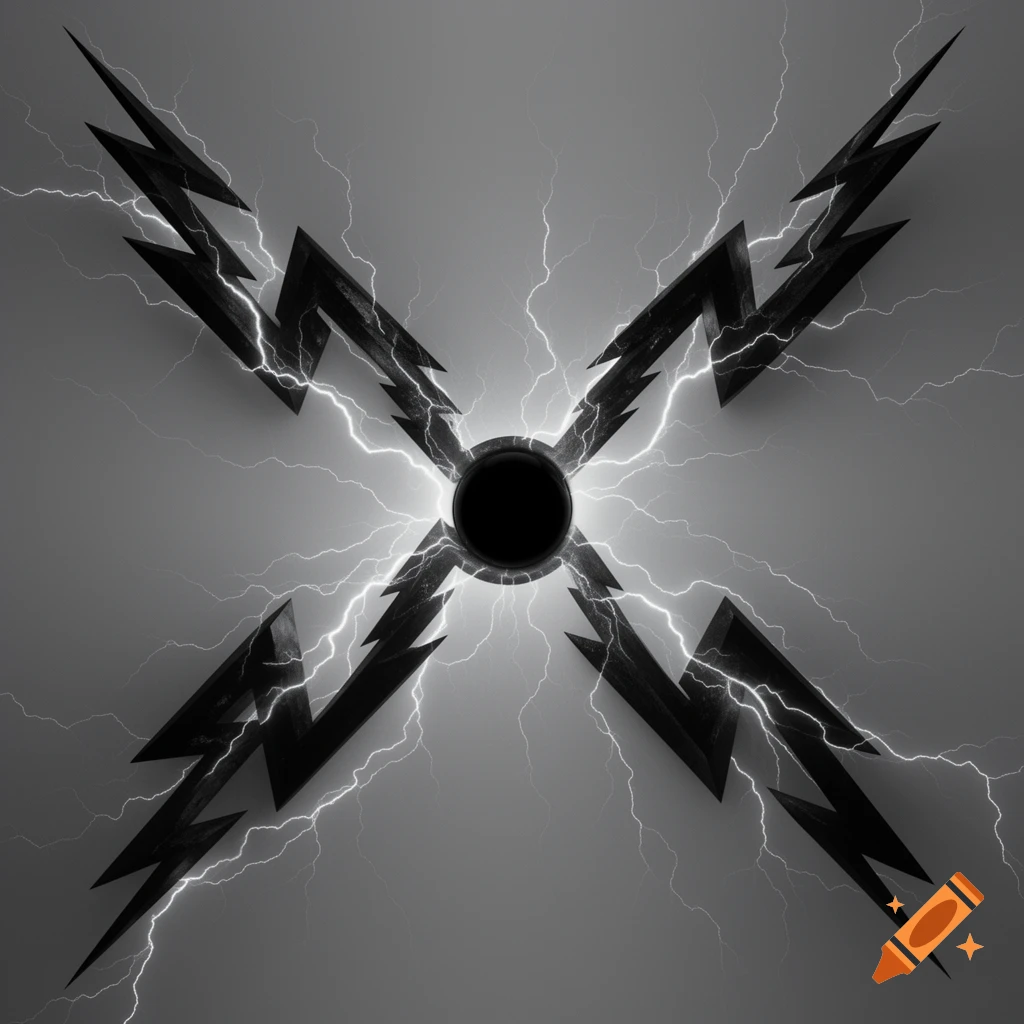 A black, stylized X-shaped lightning bolt pattern radiating white lightning from a solid black central circle on a grey background.