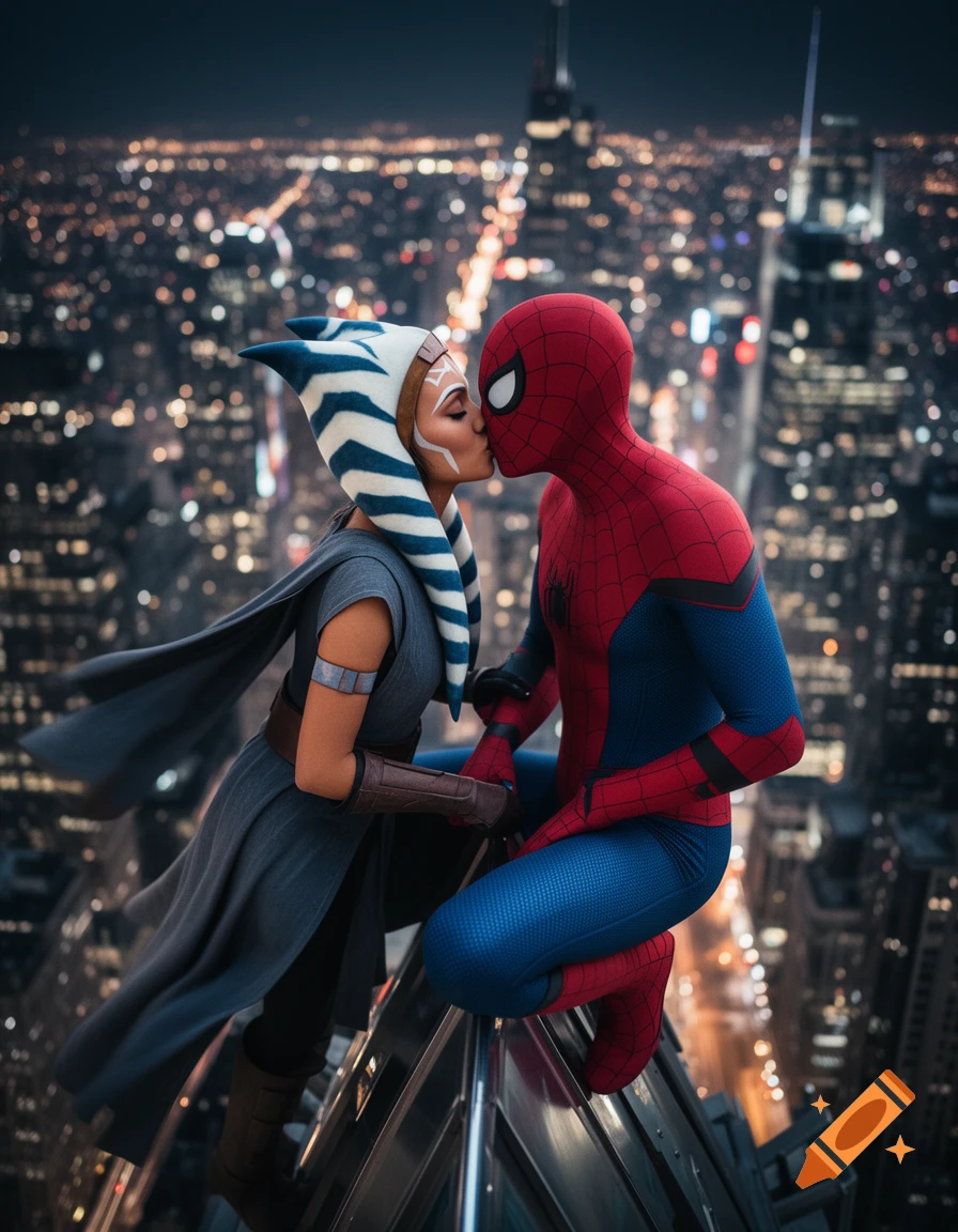 Ahsoka Tano from Star Wars kisses Spider-Man on a skyscraper peak with a blurred city lights backdrop at night.