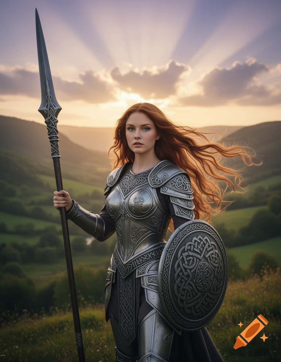 A red-haired woman in detailed silver armor holds a spear and shield, standing on a grassy hill at sunset.