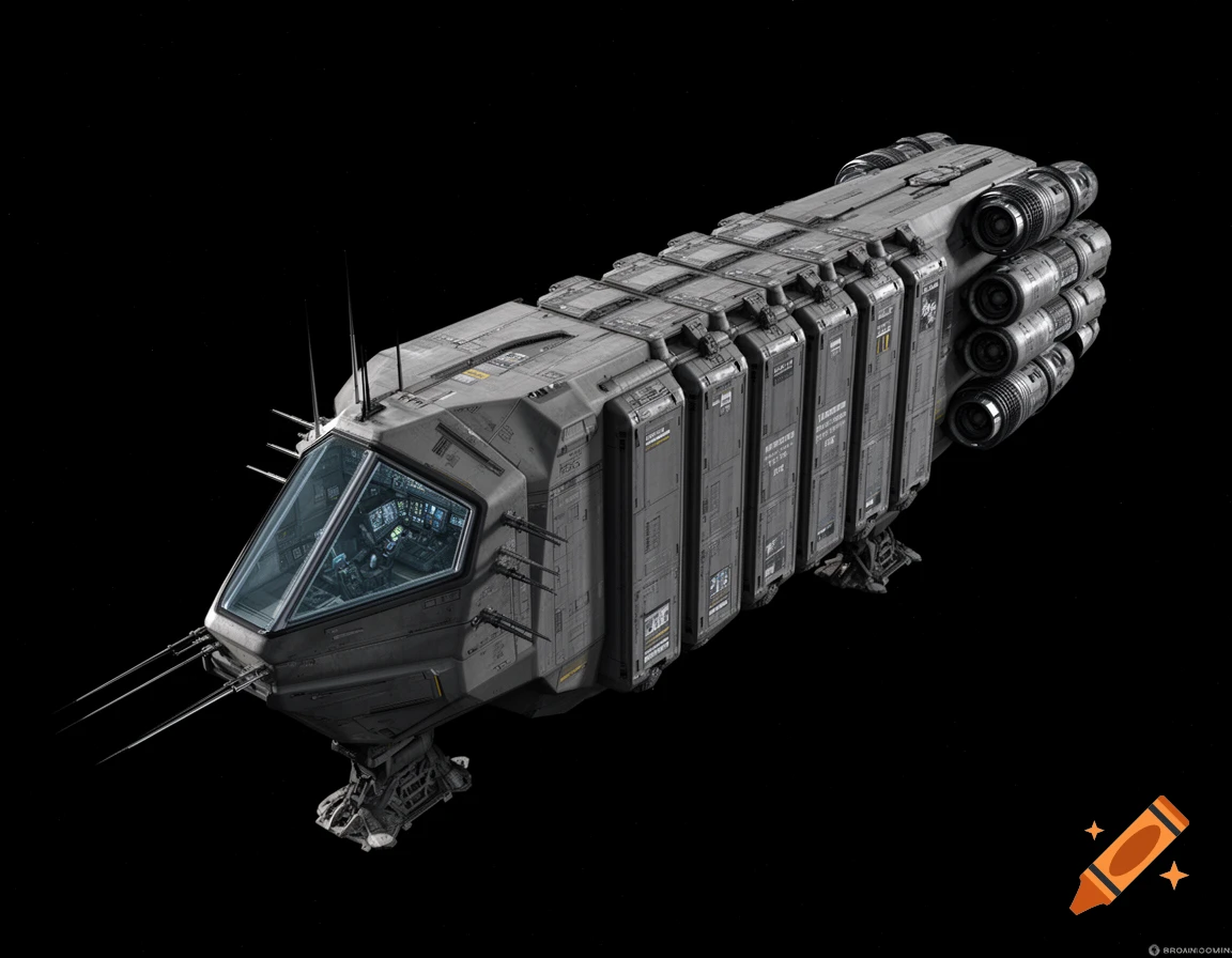 A gray space freighter with a large front window, antennas, eight cargo pods, four engines, and deployed landing gear, against a black background.