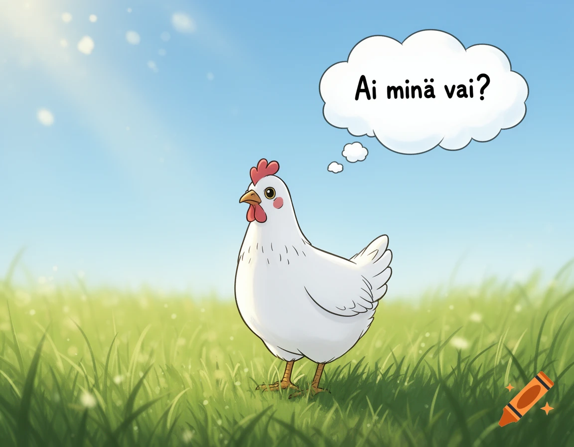 A cute white cartoon chicken stands in a sunny grassy field with a thought bubble saying 'Ai minä vai?' above its head.