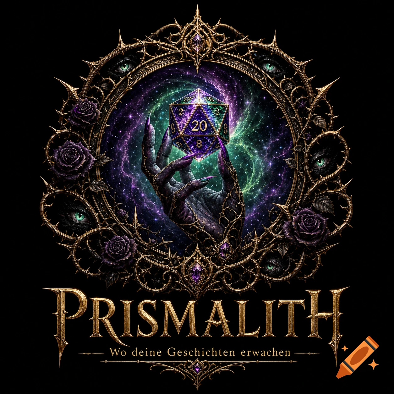 A gothic fantasy logo with a monstrous hand holding a glowing d20 dice in an ornate thorny frame with a nebula background.