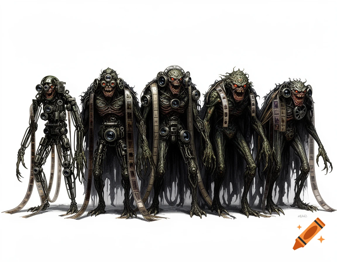 Five monstrous creatures made of cameras and film strips, with red eyes and sharp teeth, stand in a row on a white background, concept art.