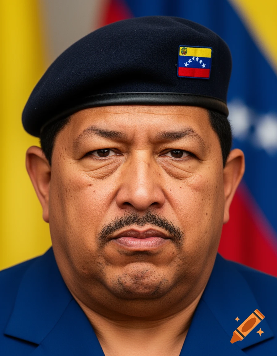 Close-up photorealistic portrait of Hugo Chavez, a man with a mustache, wearing a blue uniform and a dark blue beret with a Venezuelan flag patch.