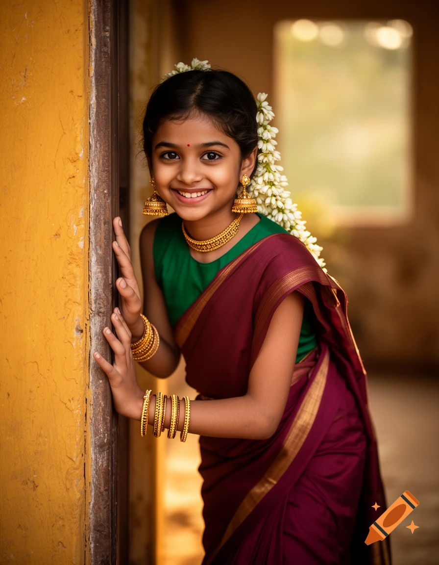 Photorealistic portrait of a smiling young girl in traditional Indian attire, with a green blouse, maroon saree, and gold jewelry.