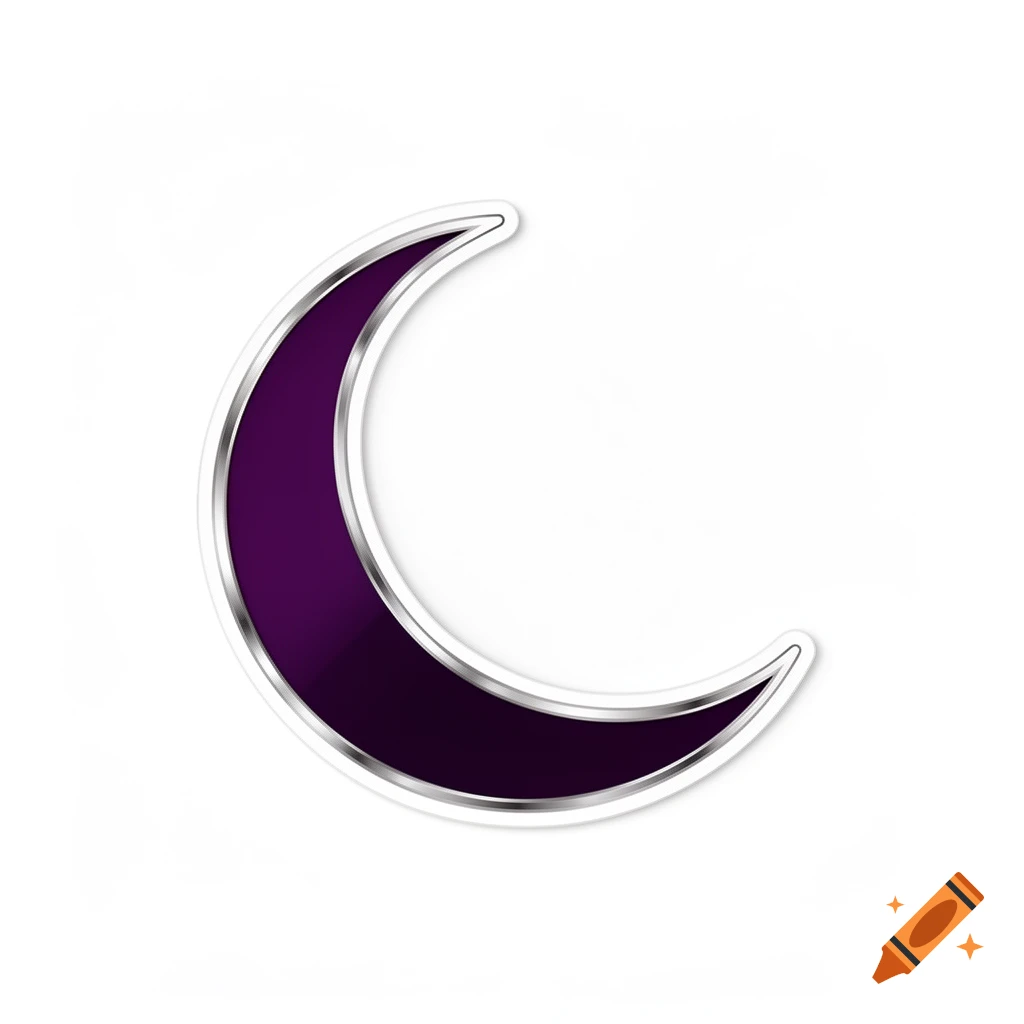 A dark purple crescent moon with a shiny silver outline, depicted in a sticker style on a pure white background.