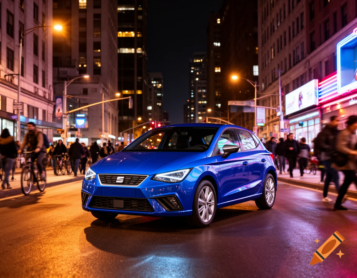 A shiny blue car parked on a wet city street at night, with blurred pedestrians, cyclists, and illuminated buildings in the background.