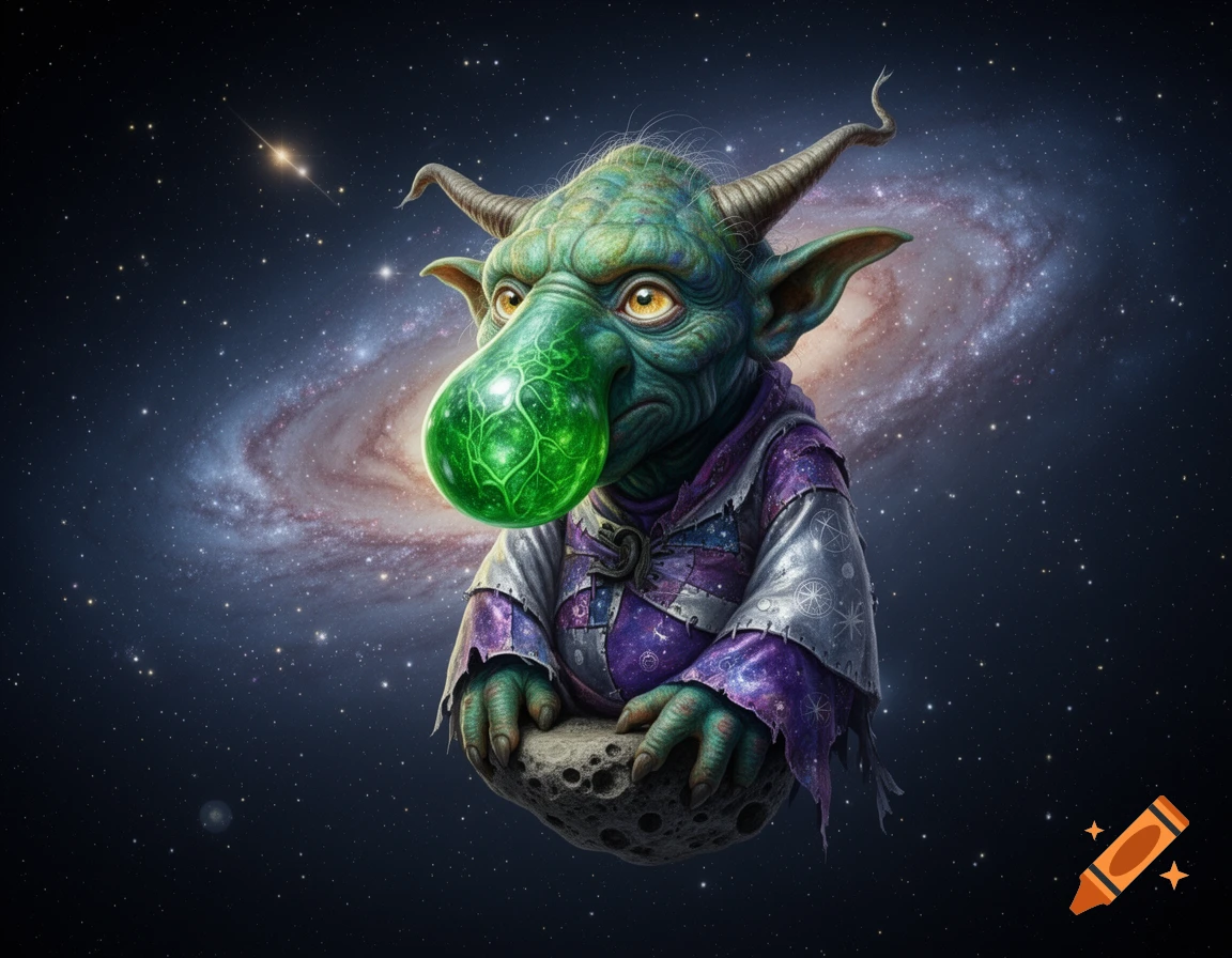 Green, horned space goblin in a purple robe with a glowing green nose, holding a moon rock against a starry galaxy.