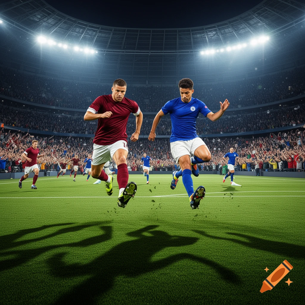 Two soccer players with exaggeratedly large feet run on a field during a night game in a crowded stadium.