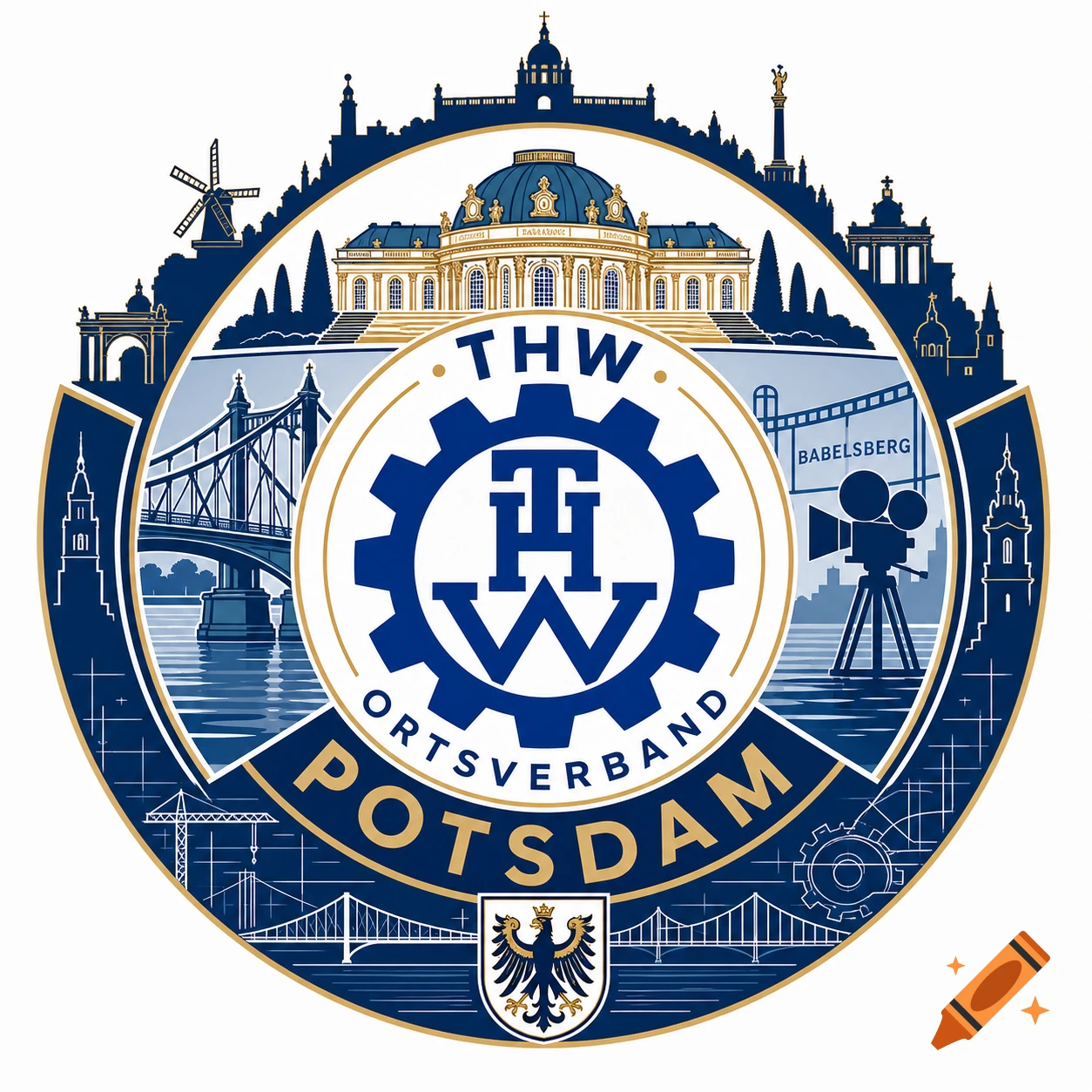A round, blue and gold logo for THW Ortsverband Potsdam, featuring a cityscape silhouette, bridge, windmill, film camera, and the THW gear emblem.