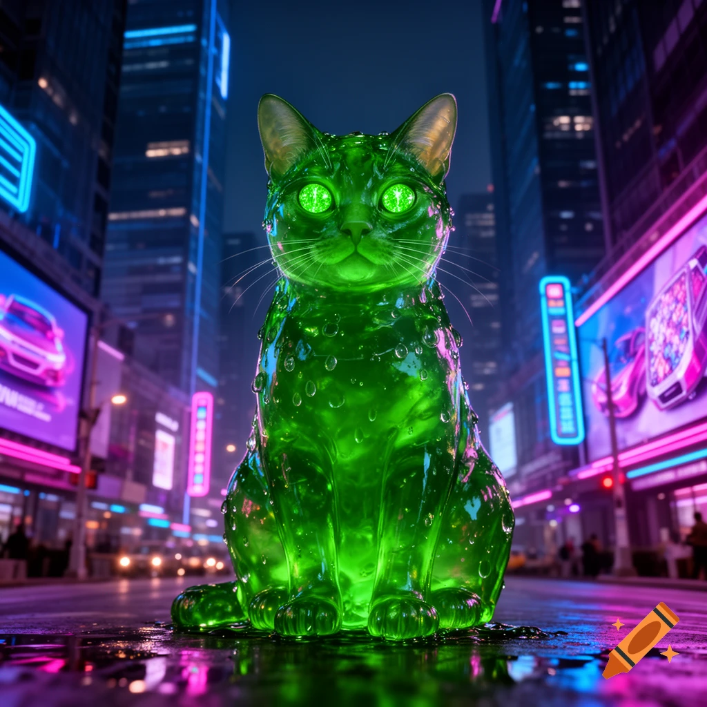 A glowing green jelly cat sits on a wet street in a vibrant neon-lit city at night, with towering buildings and bright signs in the background.