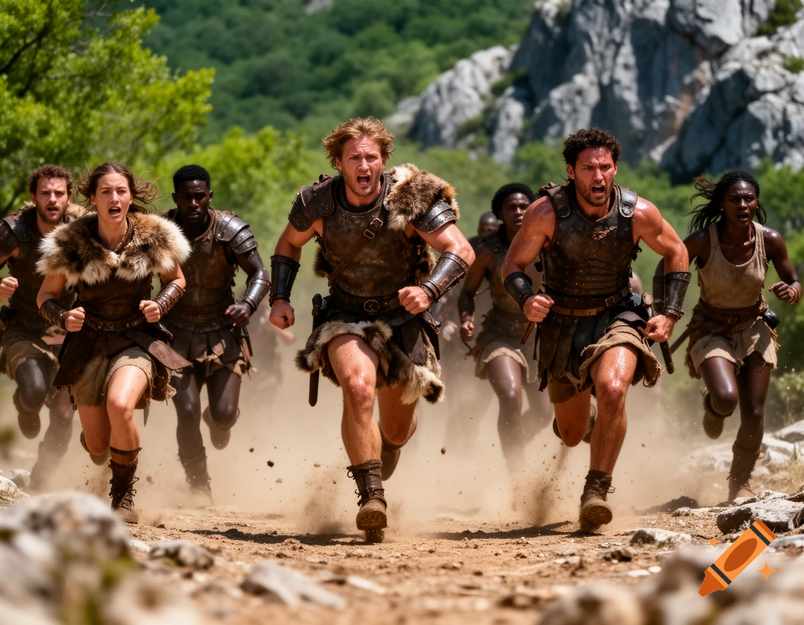 A diverse group of photorealistic warriors, men and women in fur and leather armor, run frantically down a dusty path in a rocky, forested landscape.