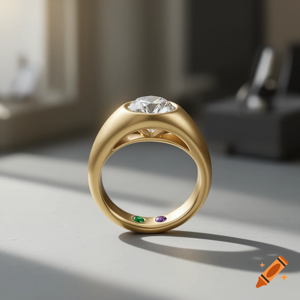 A photorealistic shot of a matte gold ring with a large diamond and small green and purple birthstones inside.