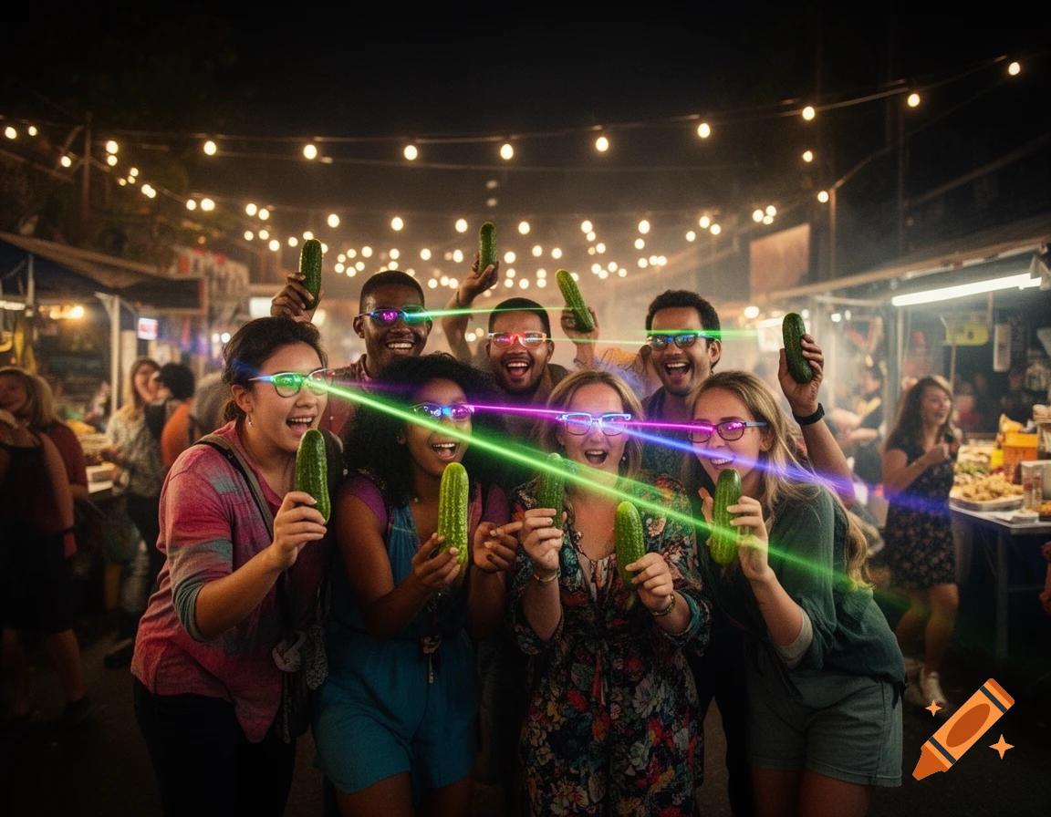 A diverse group of people laugh and pose in a festive night market, holding pickles with colorful laser beams shooting from their eyes.