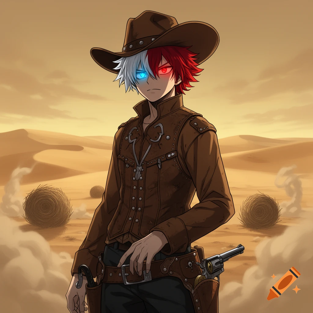 Anime-style Shoto Todoroki in a brown cowboy outfit, standing in a vast desert landscape.