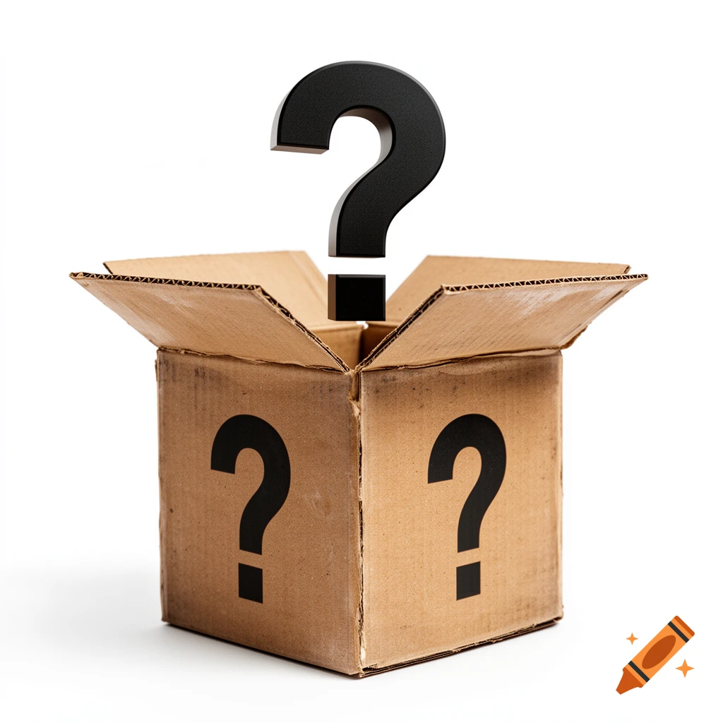 An open cardboard box with question marks printed on its sides, and a large 3D black question mark hovering above it on a white background.