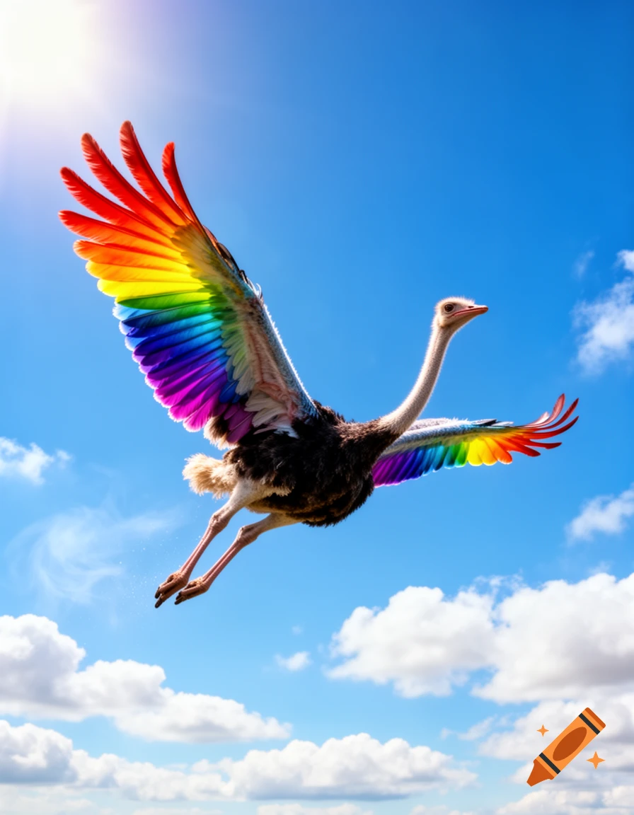 A photorealistic rainbow-winged ostrich soars through a bright blue sky filled with white clouds.