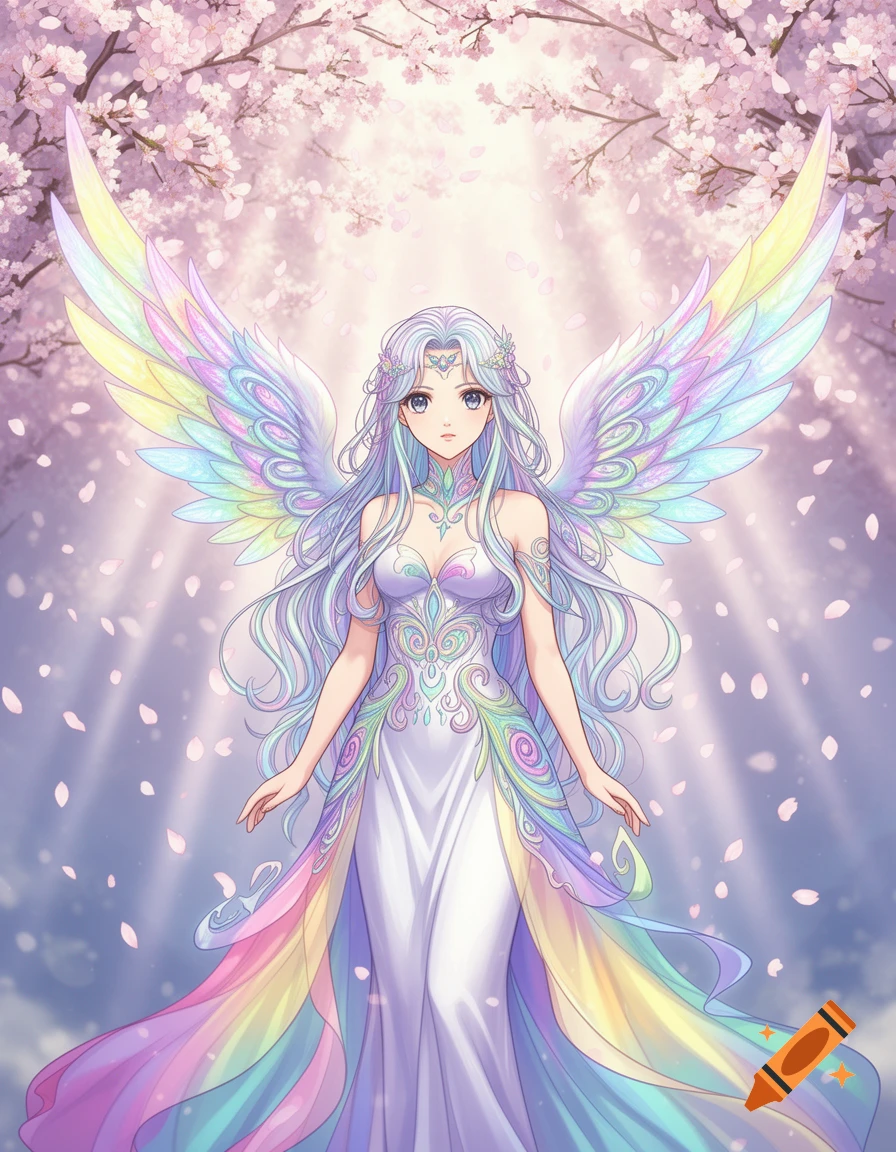 A celestial anime-style woman with long light hair, rainbow wings, and a white dress with colorful patterns, stands amidst falling cherry blossoms.