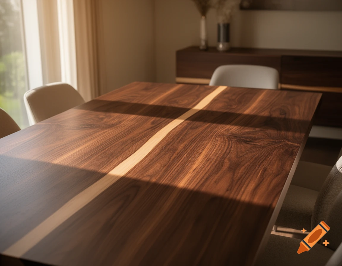 Photorealistic dark walnut dining table with a lighter central stripe, bathed in sunlight in a modern room.