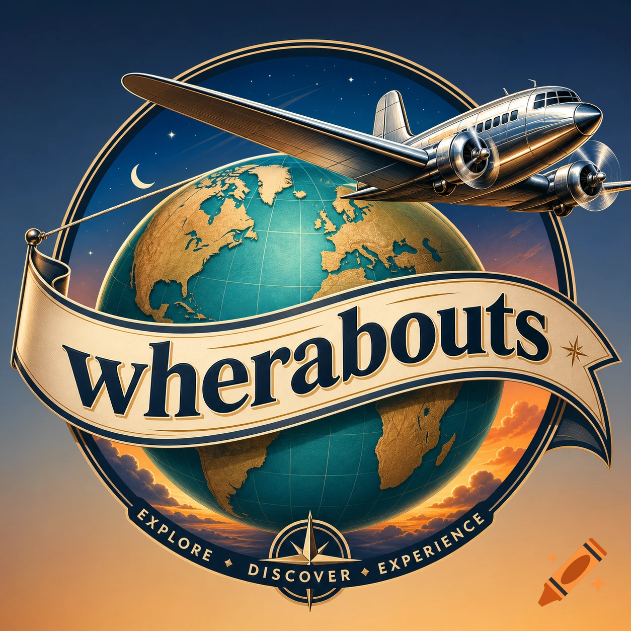 A vintage airplane pulls a banner with 'wherabouts' around a globe, with 'EXPLORE DISCOVER EXPERIENCE' below, for a travel logo.