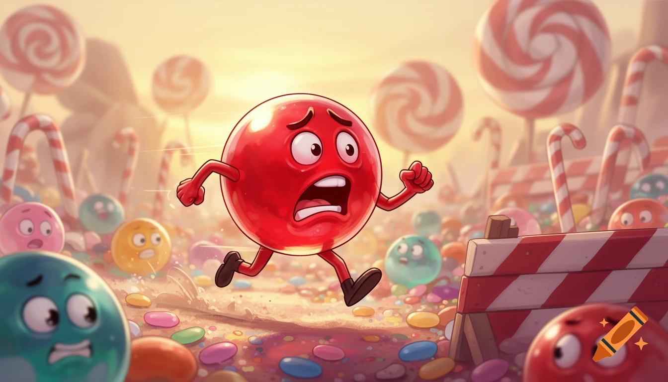 A scared red gumball character runs through a vibrant candy land filled with lollipops, candy canes, and colorful candies, in a cartoon style.