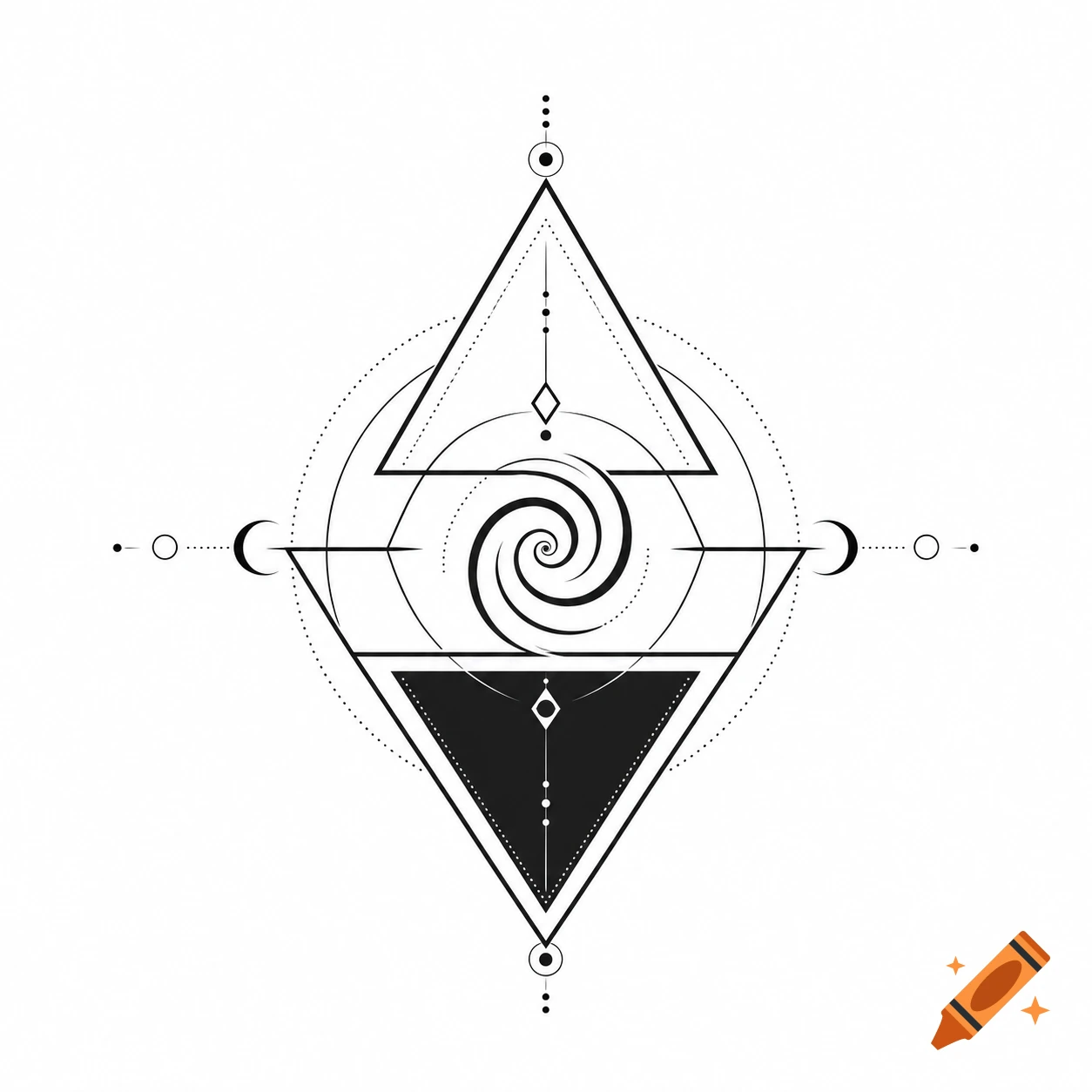 A black and white geometric symbolic sigil with an upward and downward triangle, circles, and a central spiral.