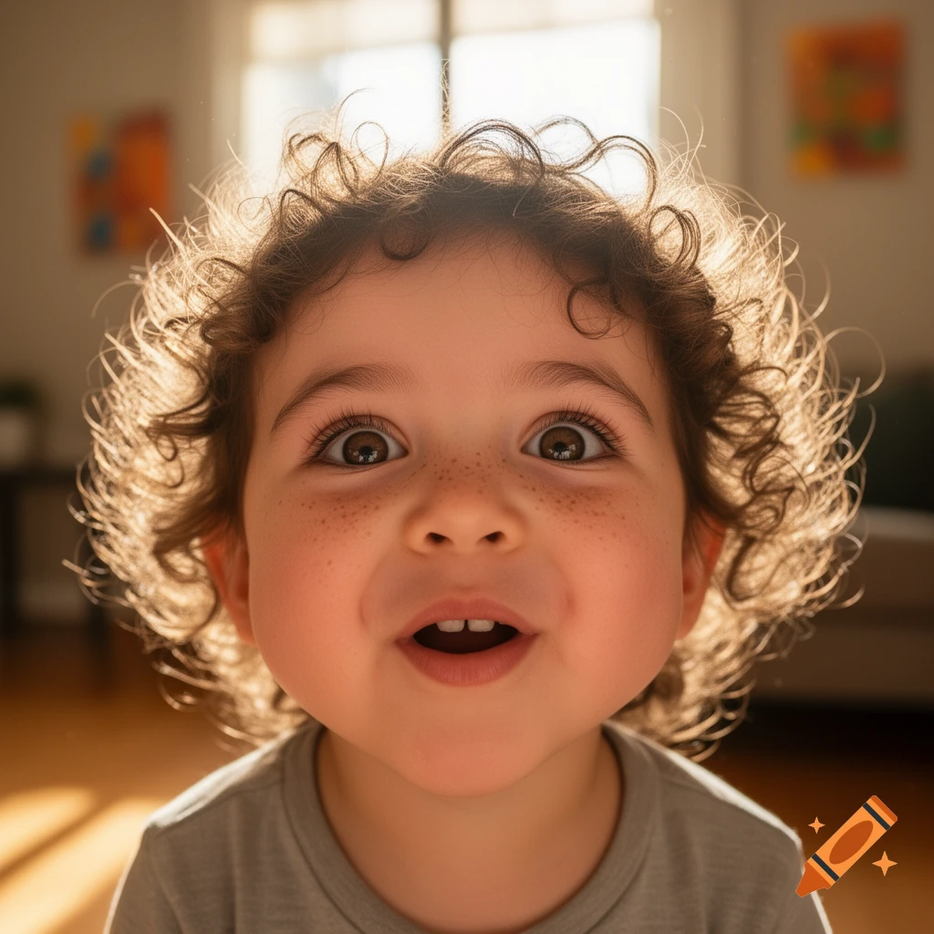 Close-up of a young child with curly hair and freckles, smiling with wide eyes, looking directly at the viewer.