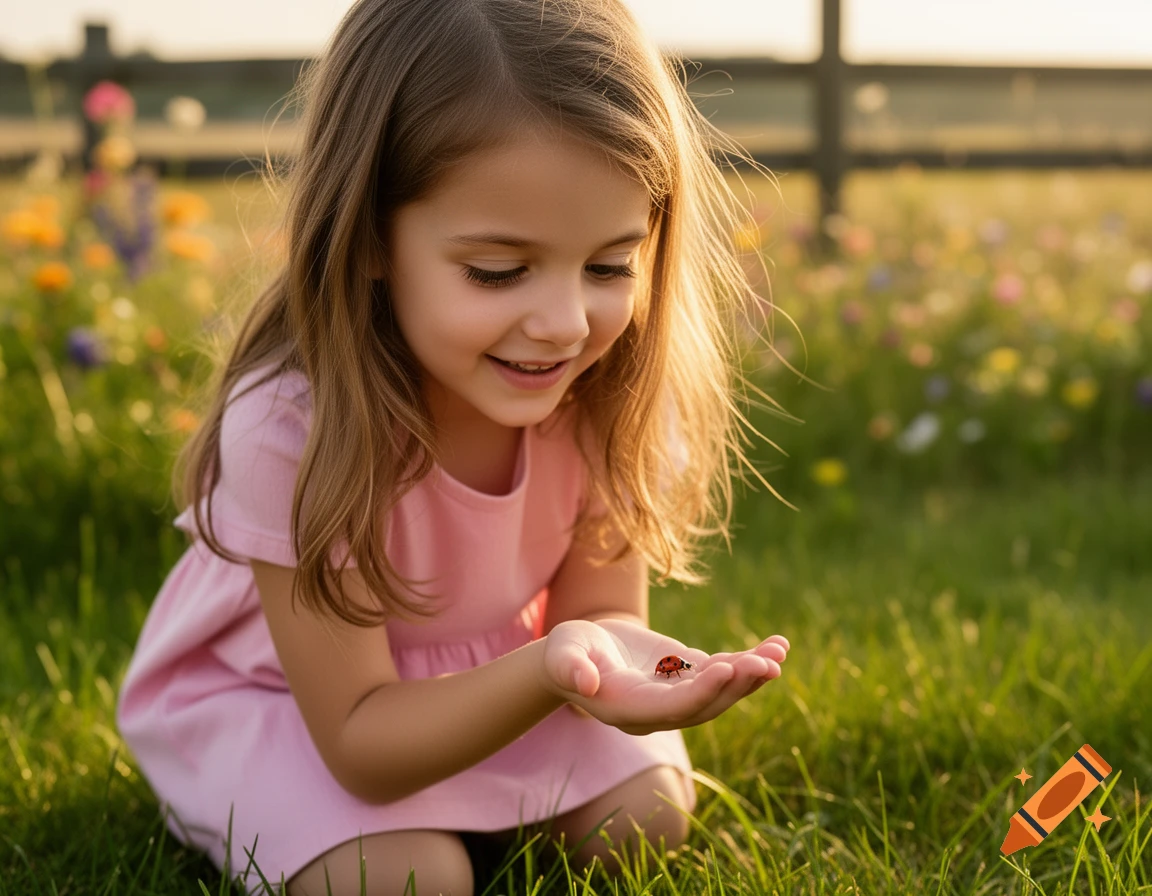 A smiling little girl in a pink dress kneels in a grassy field, gently holding a ladybug in her open palm at sunset.