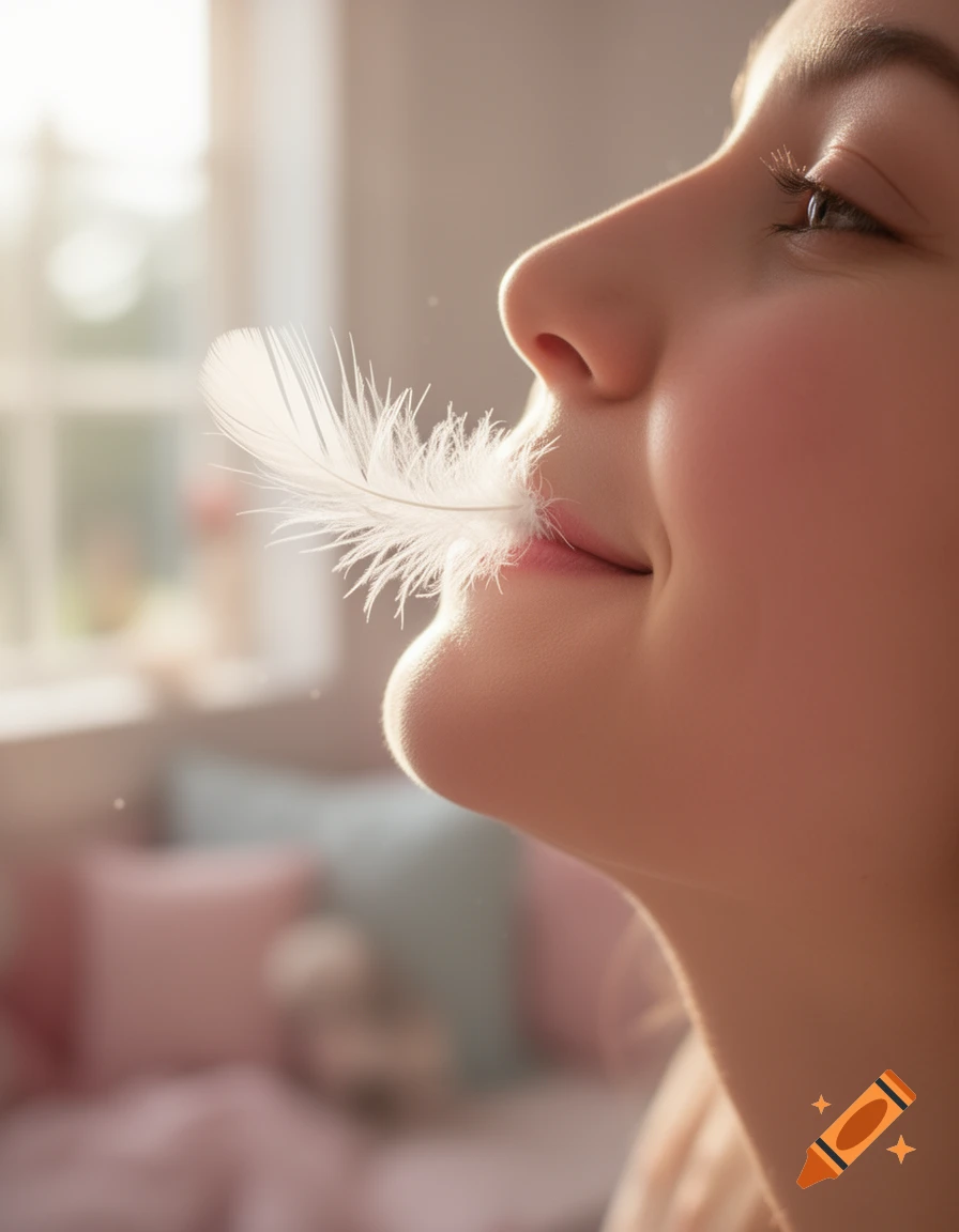 Close-up profile of a person with a white feather gently touching their lips, bathed in soft sunlight.