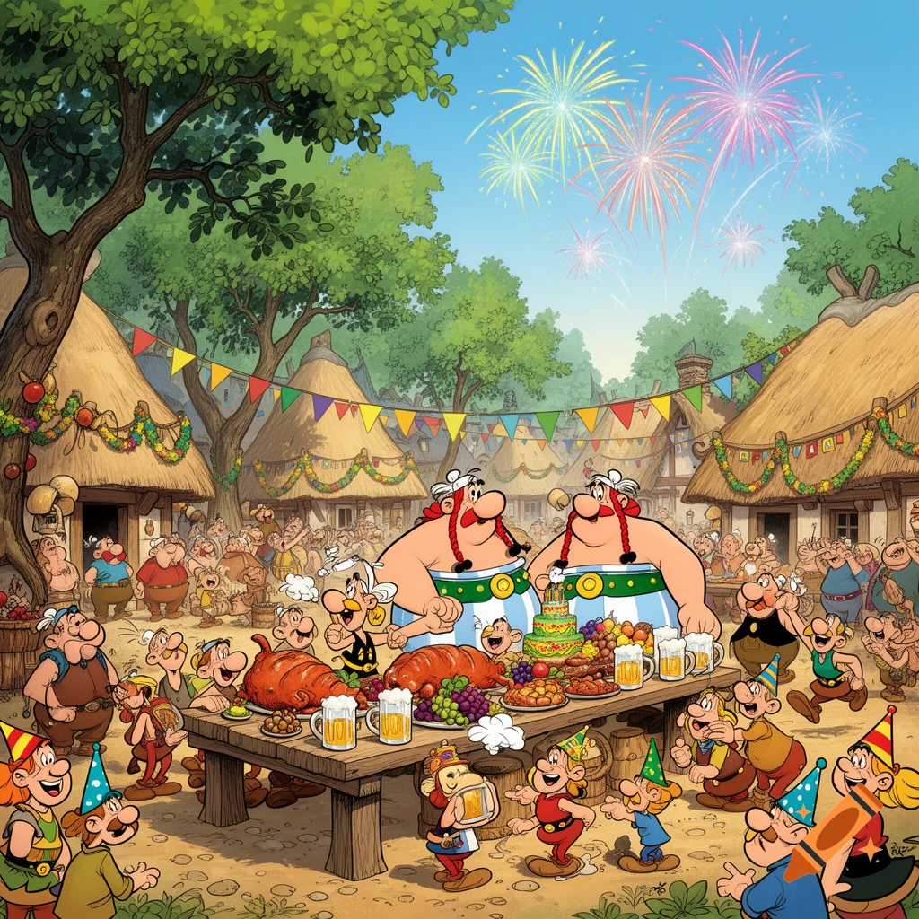 A vibrant cartoon illustration of a Gaulish village celebration with Asterix and Obelix feasting at a long table under fireworks.