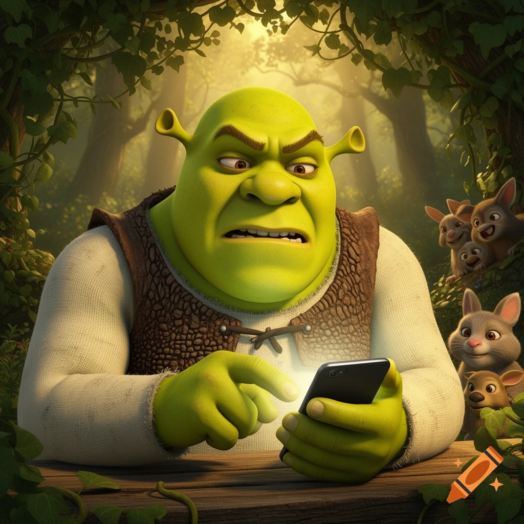 Annoyed Shrek, a green ogre, taps on a glowing smartphone in a lush forest, with cute rabbits watching from behind.